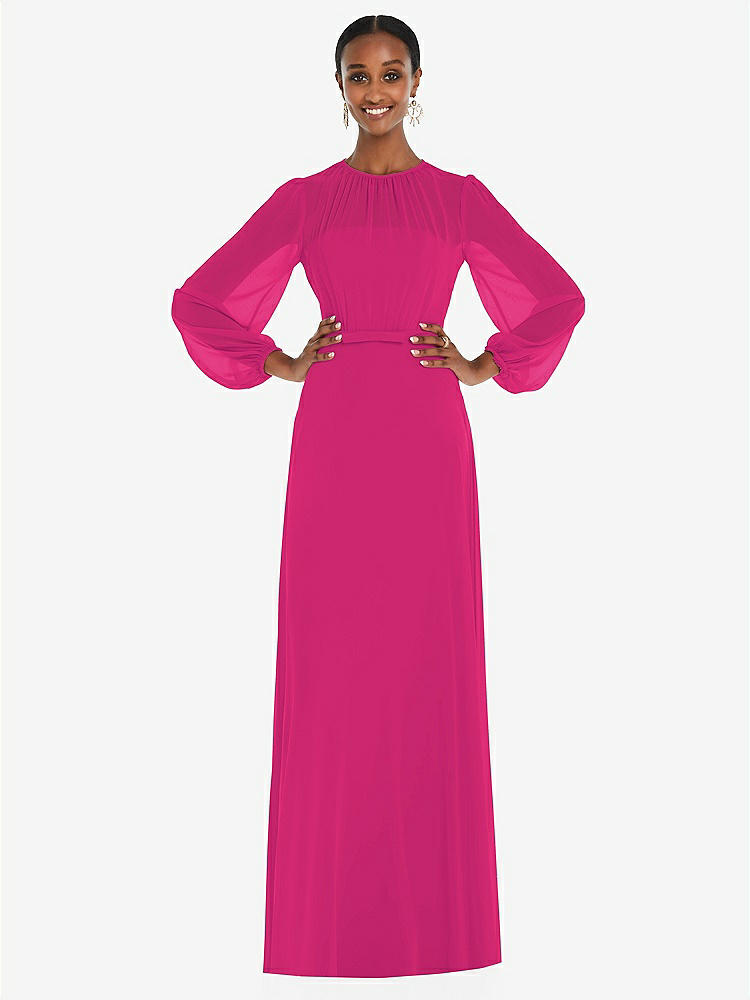【NEW】【STYLE: 3098】ストラップレス シフォン マキシ ドレス パフ付き スリーブ ブルーソン オーバーレイ 【COLOR: Think Pink】【SIZE: 00-30W】