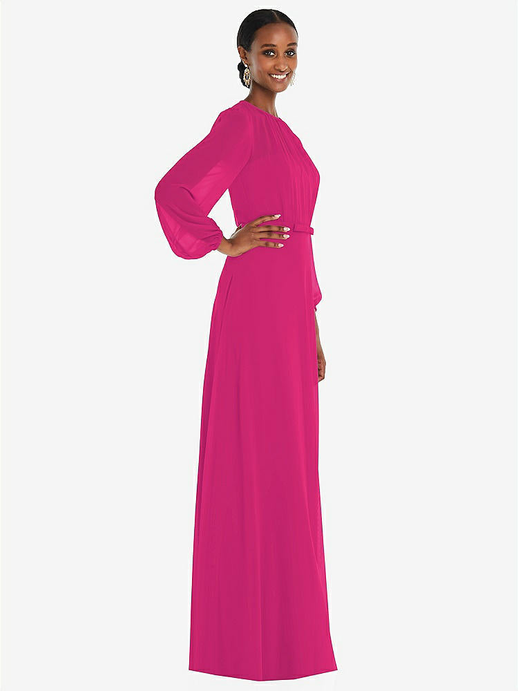 【NEW】【STYLE: 3098】ストラップレス シフォン マキシ ドレス パフ付き スリーブ ブルーソン オーバーレイ 【COLOR: Think Pink】【SIZE: 00-30W】