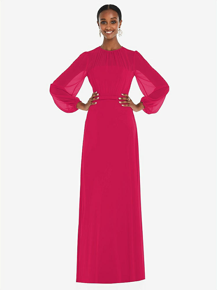 【NEW】【STYLE: 3098】ストラップレス シフォン マキシ ドレス パフ付き スリーブ ブルーソン オーバーレイ 【COLOR: Vivid Pink】【SIZE: 00-30W】