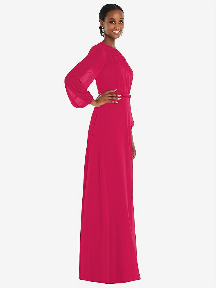 【NEW】【STYLE: 3098】ストラップレス シフォン マキシ ドレス パフ付き スリーブ ブルーソン オーバーレイ 【COLOR: Vivid Pink】【SIZE: 00-30W】
