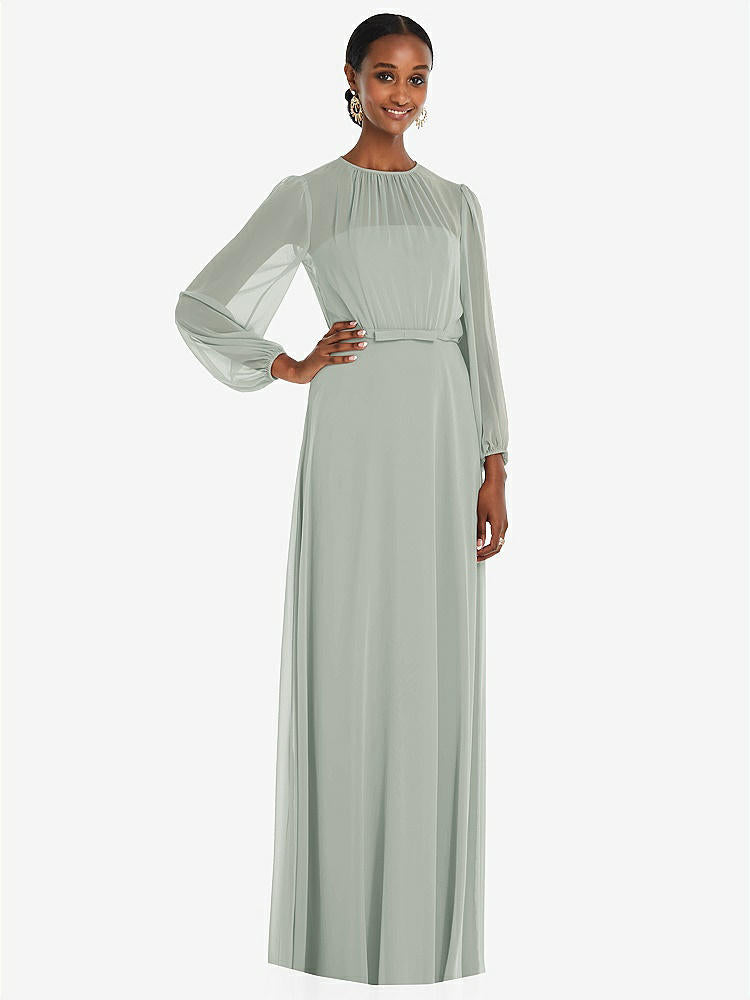 【STYLE: 3098】Strapless Chiffon Maxi Dress with Puff Sleeve Blouson Overlay 【COLOR: Willow Green】