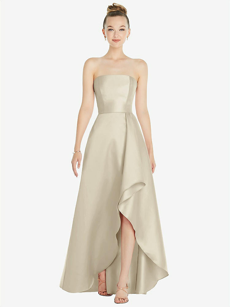 【STYLE: D832】Strapless Satin Gown with Draped Front Slit and Pockets【COLOR: Champagne】