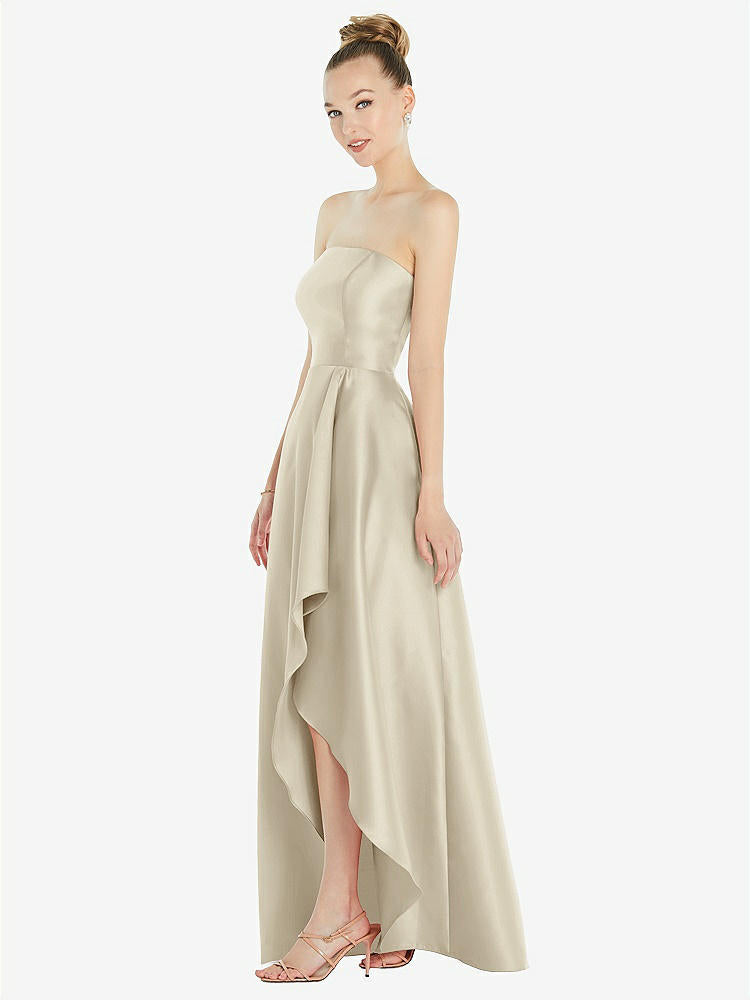 【STYLE: D832】Strapless Satin Gown with Draped Front Slit and Pockets【COLOR: Champagne】