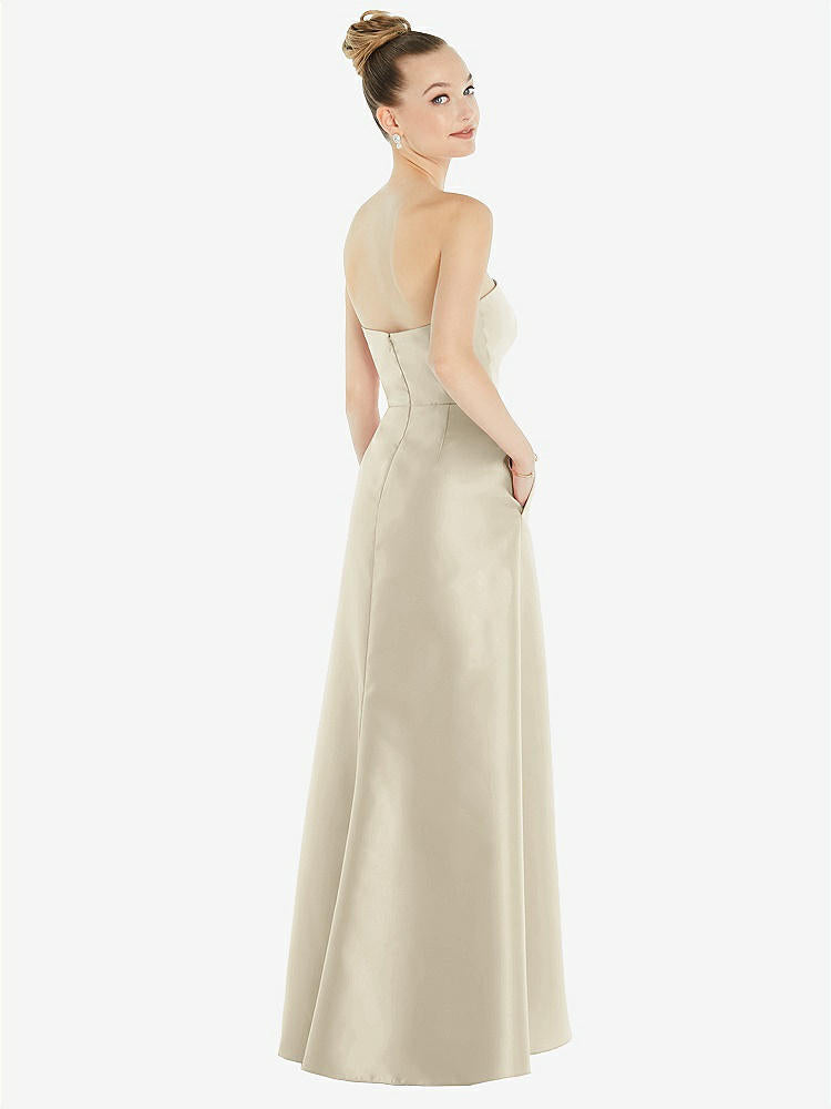 【STYLE: D832】Strapless Satin Gown with Draped Front Slit and Pockets【COLOR: Champagne】