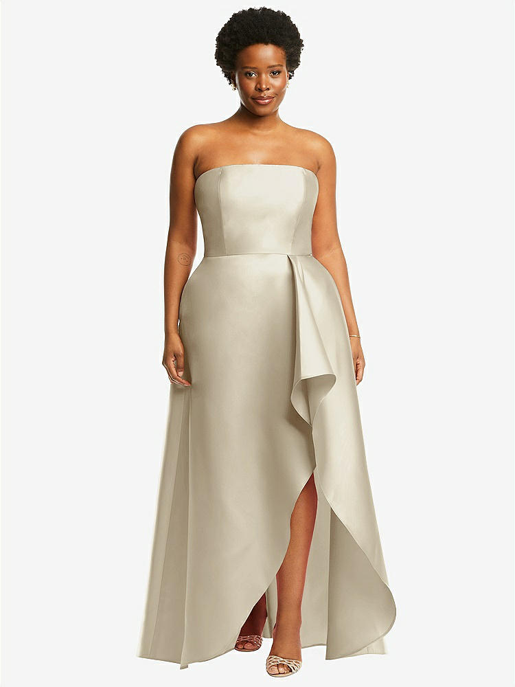 【STYLE: D832】Strapless Satin Gown with Draped Front Slit and Pockets【COLOR: Champagne】