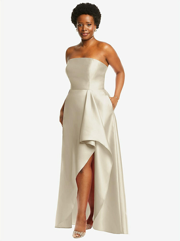 【STYLE: D832】Strapless Satin Gown with Draped Front Slit and Pockets【COLOR: Champagne】