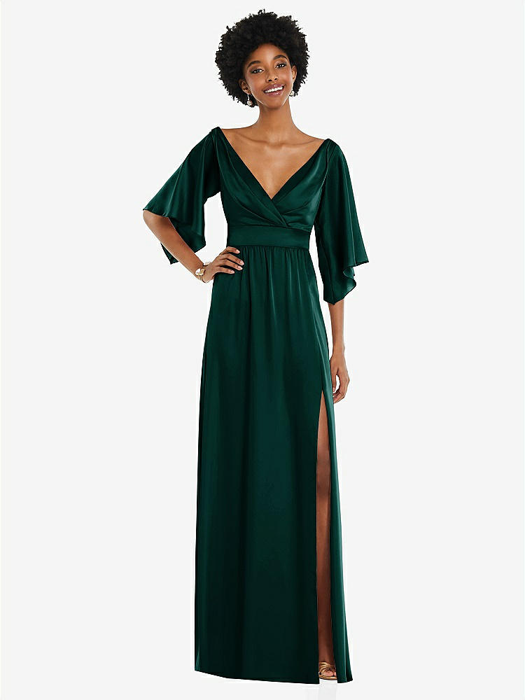 【STYLE: 3102】Asymmetric Bell Sleeve Wrap Maxi Dress with Front Slit【COLOR: Evergreen】