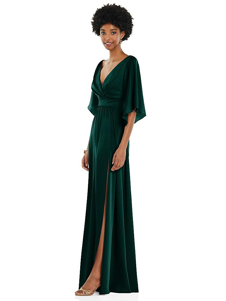 【STYLE: 3102】Asymmetric Bell Sleeve Wrap Maxi Dress with Front Slit【COLOR: Evergreen】