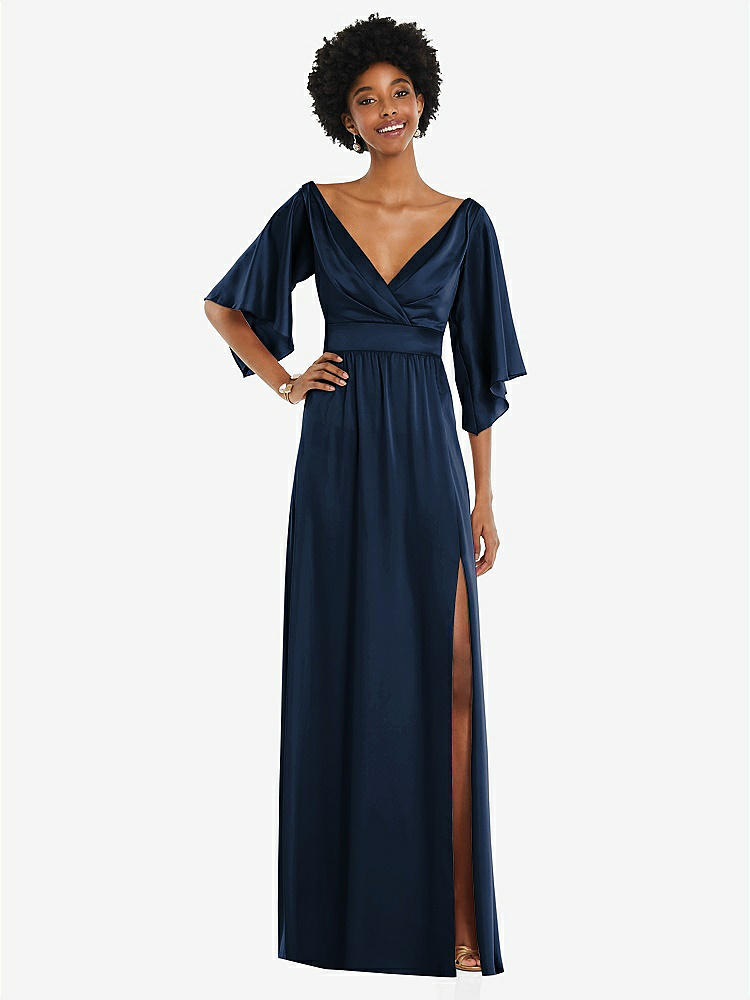 【STYLE: 3102】Asymmetric Bell Sleeve Wrap Maxi Dress with Front Slit【COLOR: Midnight Navy】