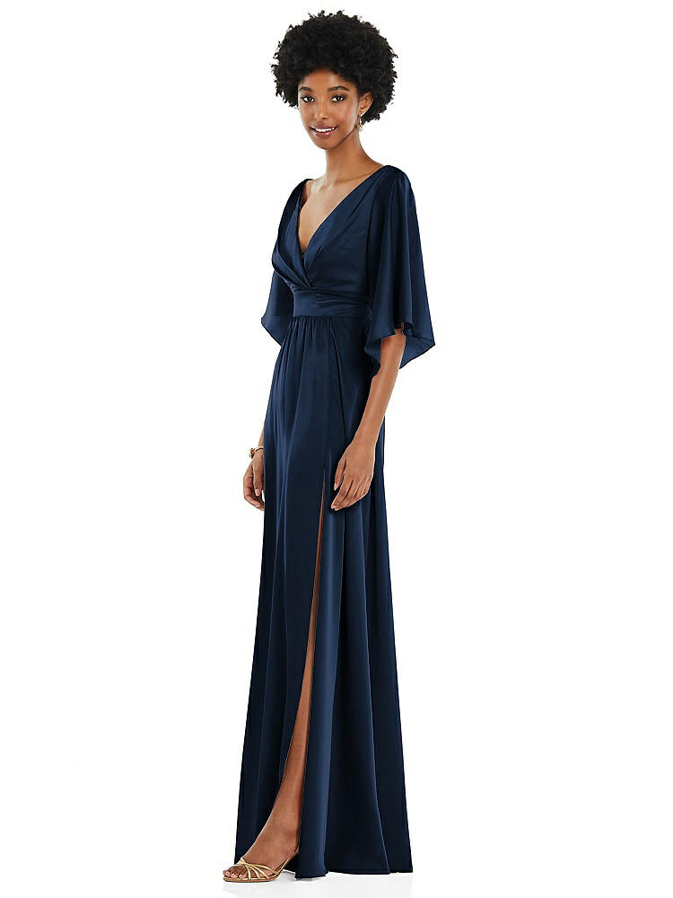 【STYLE: 3102】Asymmetric Bell Sleeve Wrap Maxi Dress with Front Slit【COLOR: Midnight Navy】