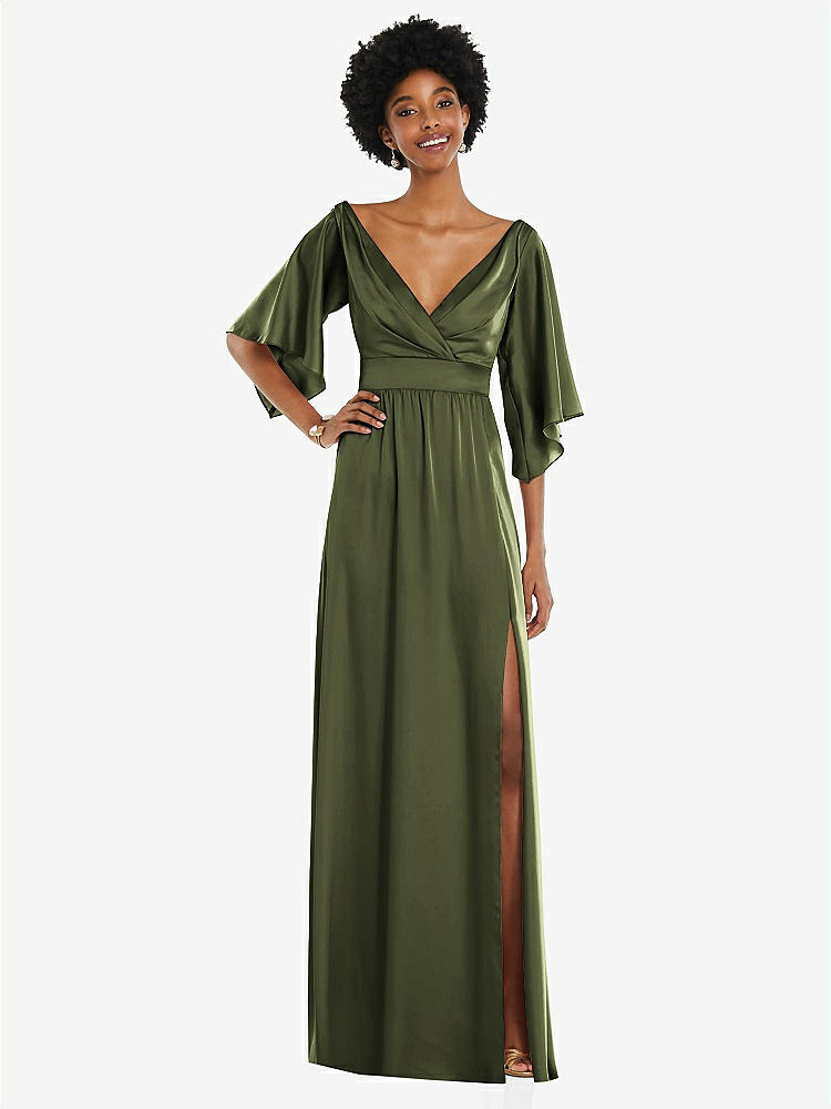 【STYLE: 3102】Asymmetric Bell Sleeve Wrap Maxi Dress with Front Slit【COLOR: Olive Green】
