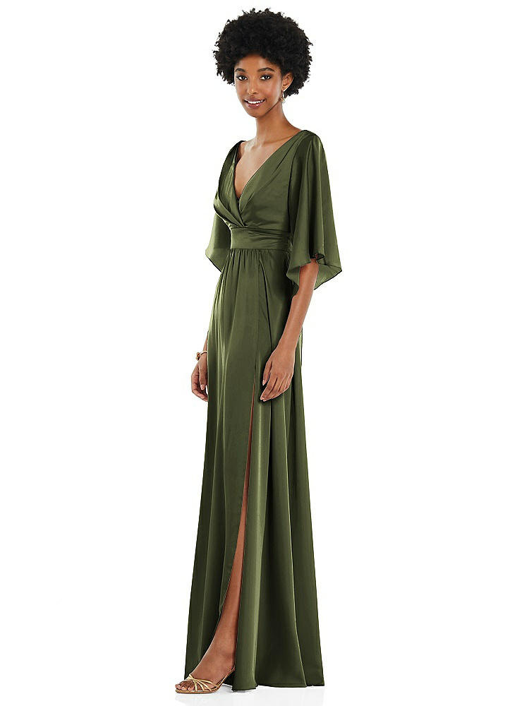 【STYLE: 3102】Asymmetric Bell Sleeve Wrap Maxi Dress with Front Slit【COLOR: Olive Green】