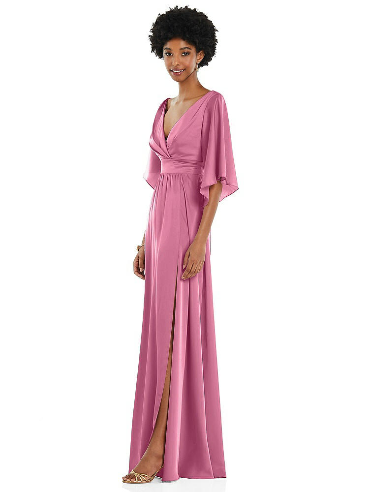 【STYLE: 3102】Asymmetric Bell Sleeve Wrap Maxi Dress with Front Slit【COLOR: Orchid Pink】