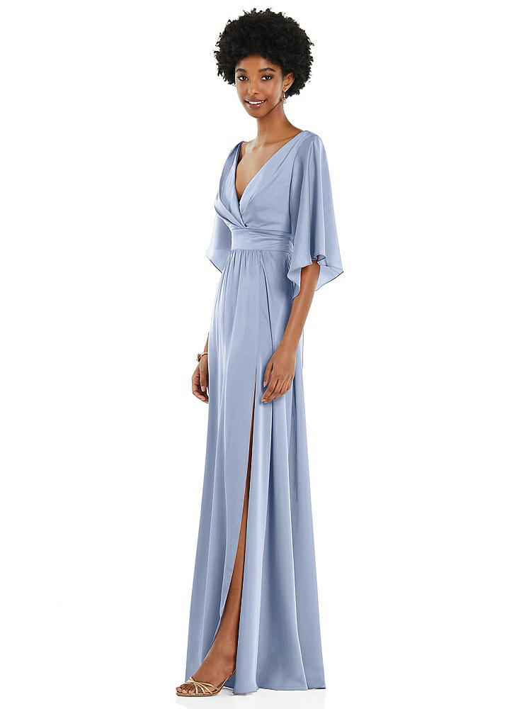 【STYLE: 3102】Asymmetric Bell Sleeve Wrap Maxi Dress with Front Slit【COLOR: Sky Blue】