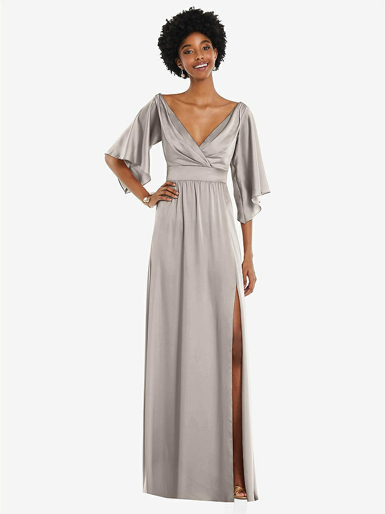【STYLE: 3102】Asymmetric Bell Sleeve Wrap Maxi Dress with Front Slit【COLOR: Taupe】