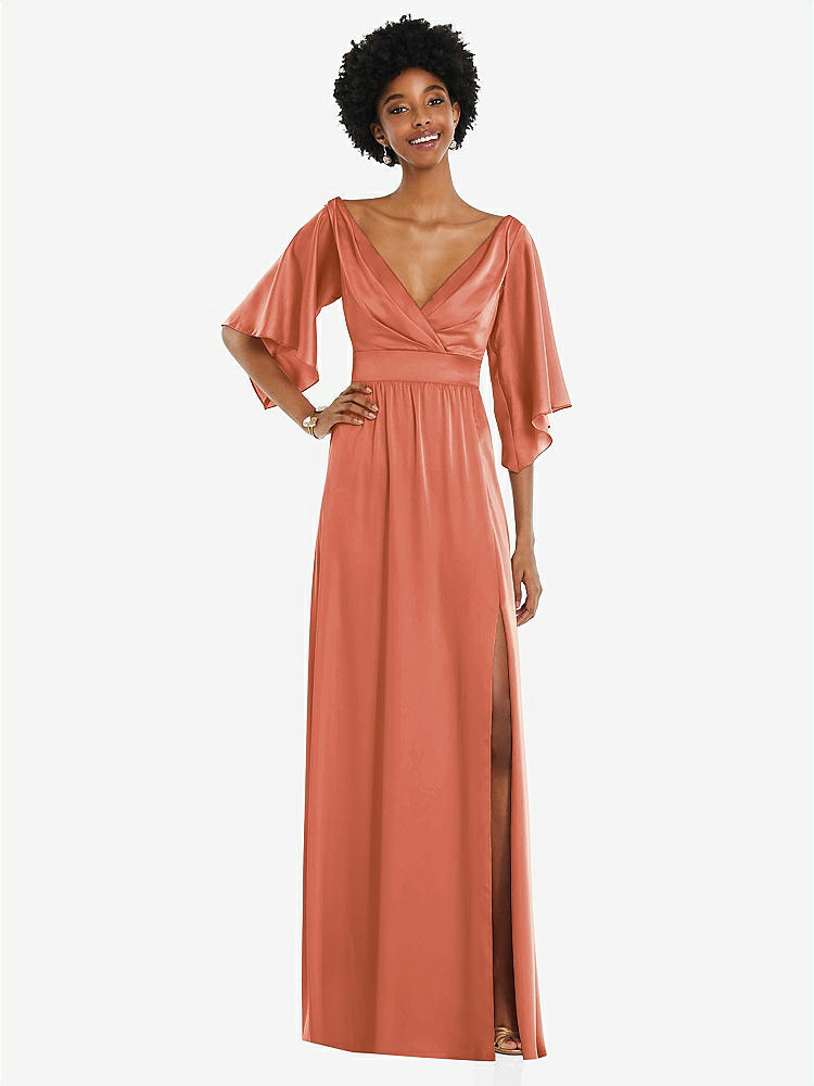 【STYLE: 3102】Asymmetric Bell Sleeve Wrap Maxi Dress with Front Slit【COLOR: Terracotta Copper】