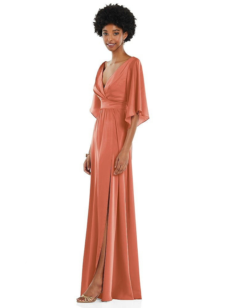 【STYLE: 3102】Asymmetric Bell Sleeve Wrap Maxi Dress with Front Slit【COLOR: Terracotta Copper】