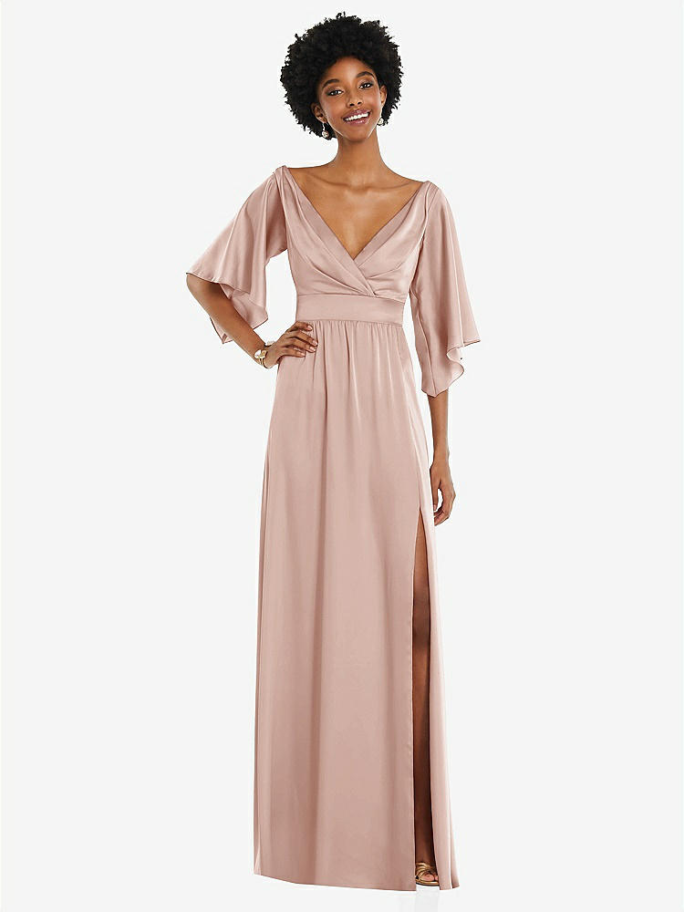 【STYLE: 3102】Asymmetric Bell Sleeve Wrap Maxi Dress with Front Slit【COLOR: Toasted Sugar】