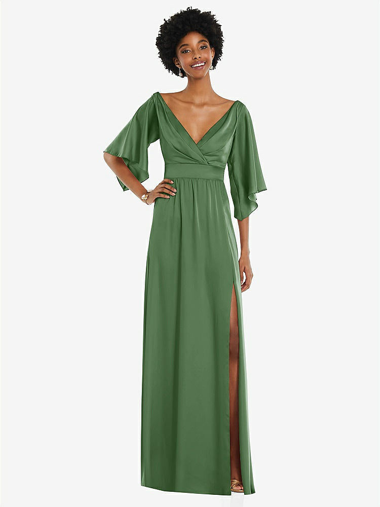 【STYLE: 3102】Asymmetric Bell Sleeve Wrap Maxi Dress with Front Slit【COLOR: Vineyard Green】
