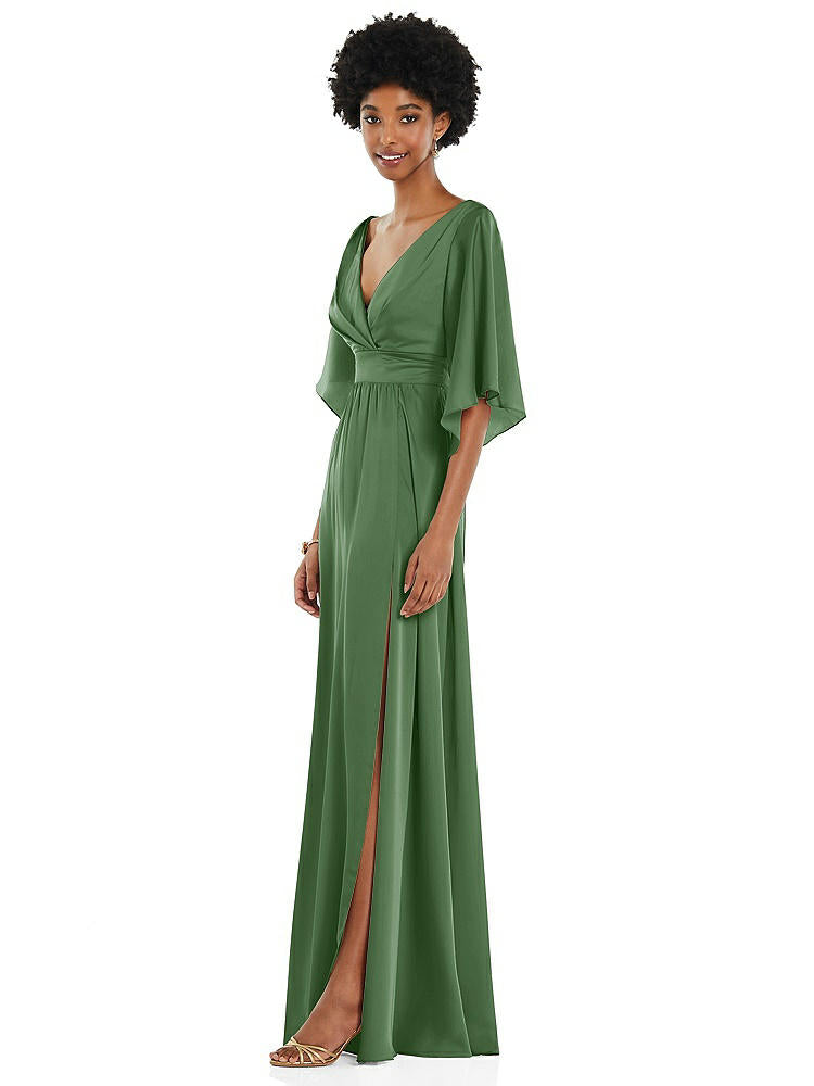 【STYLE: 3102】Asymmetric Bell Sleeve Wrap Maxi Dress with Front Slit【COLOR: Vineyard Green】