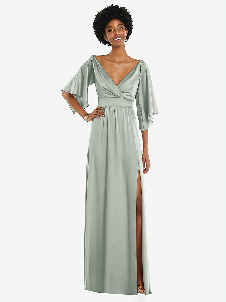 【STYLE: 3102】Asymmetric Bell Sleeve Wrap Maxi Dress with Front Slit【COLOR: Willow Green】