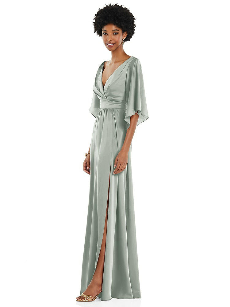【STYLE: 3102】Asymmetric Bell Sleeve Wrap Maxi Dress with Front Slit【COLOR: Willow Green】