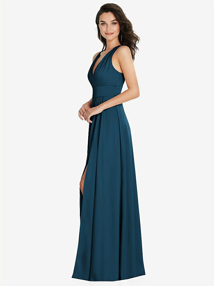 【STYLE: 6863】Shirred Shoulder Criss Cross Back Maxi Dress with Front Slit【COLOR: Atlantic Blue】