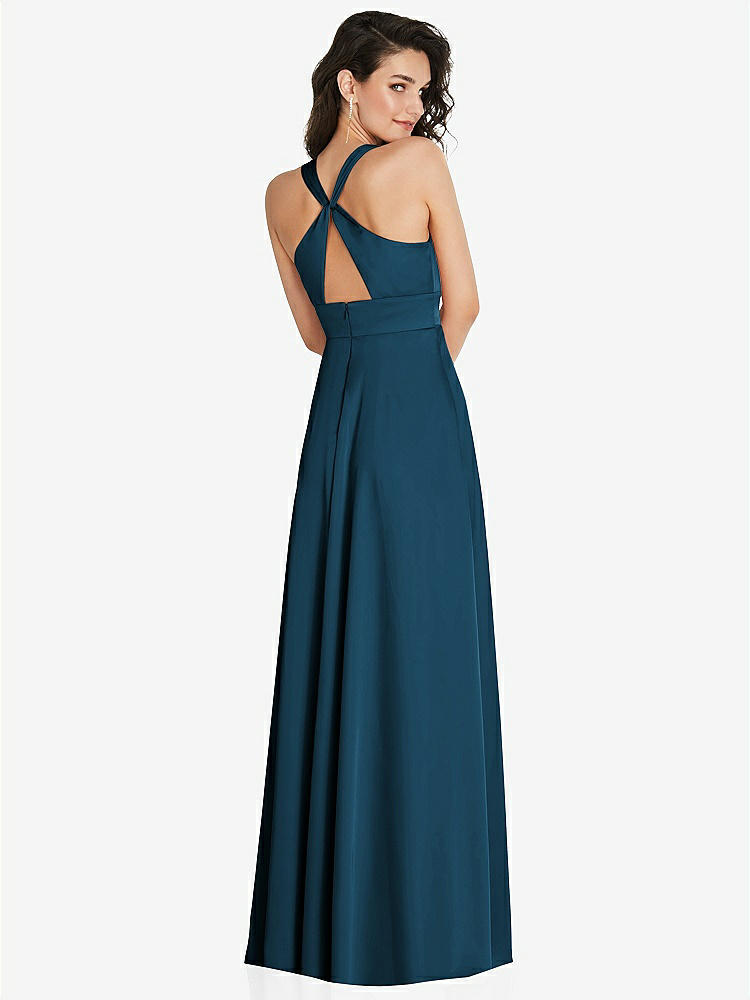 【STYLE: 6863】Shirred Shoulder Criss Cross Back Maxi Dress with Front Slit【COLOR: Atlantic Blue】