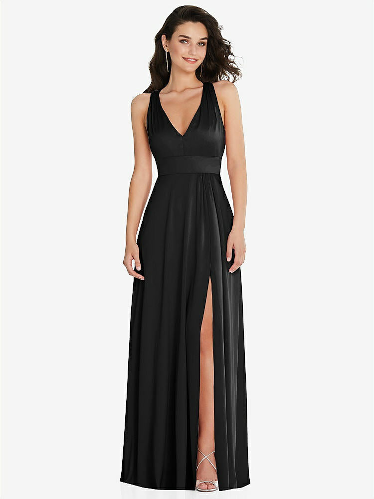【NEW】【STYLE: 6863】Shirred 肩 Criss Cross Back Maxi ドレス 前面 スリット【COLOR: Black】【SIZE: 00-30W】