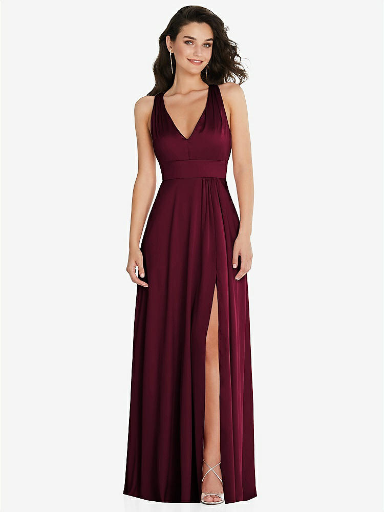 【STYLE: 6863】Shirred Shoulder Criss Cross Back Maxi Dress with Front Slit【COLOR: Cabernet】
