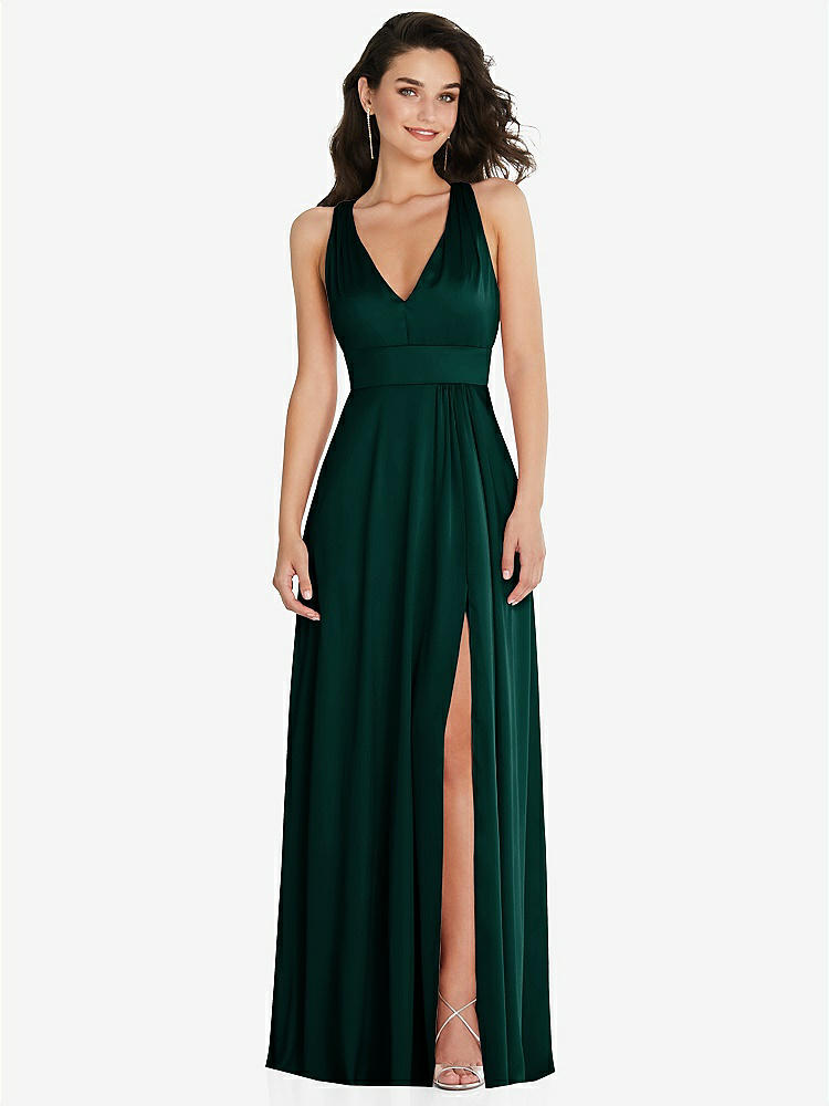 【STYLE: 6863】Shirred Shoulder Criss Cross Back Maxi Dress with Front Slit【COLOR: Evergreen】