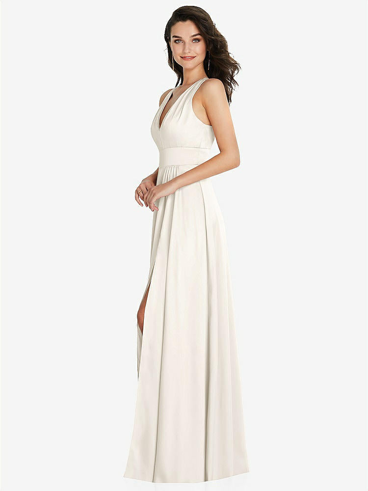 【STYLE: 6863】Shirred Shoulder Criss Cross Back Maxi Dress with Front Slit【COLOR: Ivory】