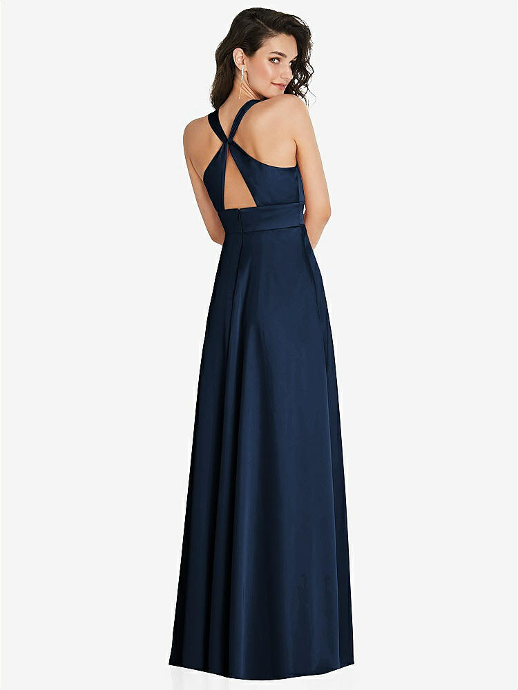 【NEW】【STYLE: 6863】Shirred 肩 Criss Cross Back Maxi ドレス 前面 スリット【COLOR: Midnight Navy】【SIZE: 00-30W】
