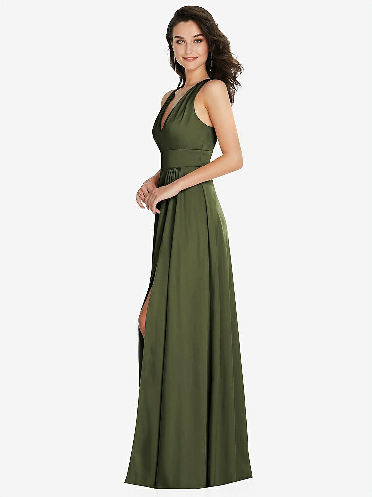 【STYLE: 6863】Shirred Shoulder Criss Cross Back Maxi Dress with Front Slit【COLOR: Olive Green】