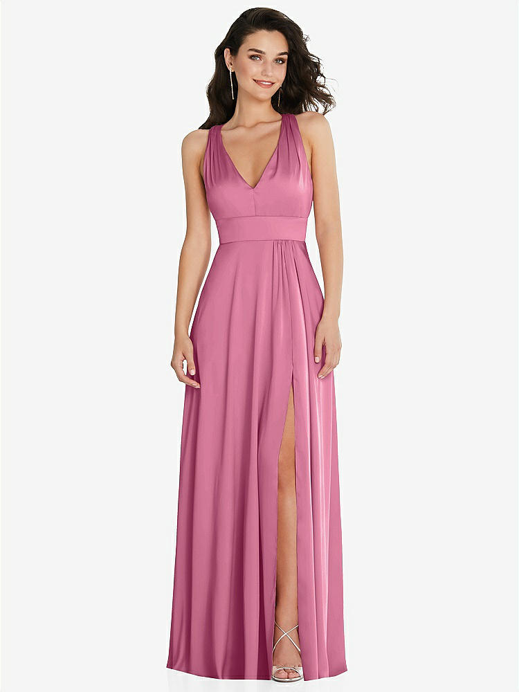 【STYLE: 6863】Shirred Shoulder Criss Cross Back Maxi Dress with Front Slit【COLOR: Orchid Pink】