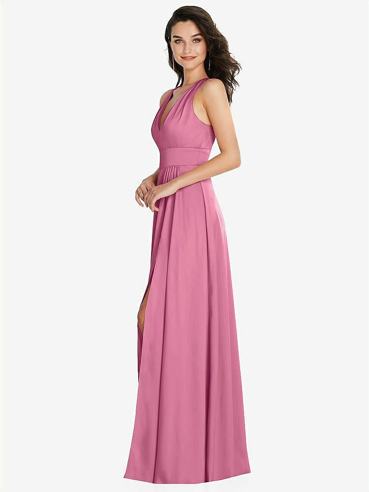 【STYLE: 6863】Shirred Shoulder Criss Cross Back Maxi Dress with Front Slit【COLOR: Orchid Pink】