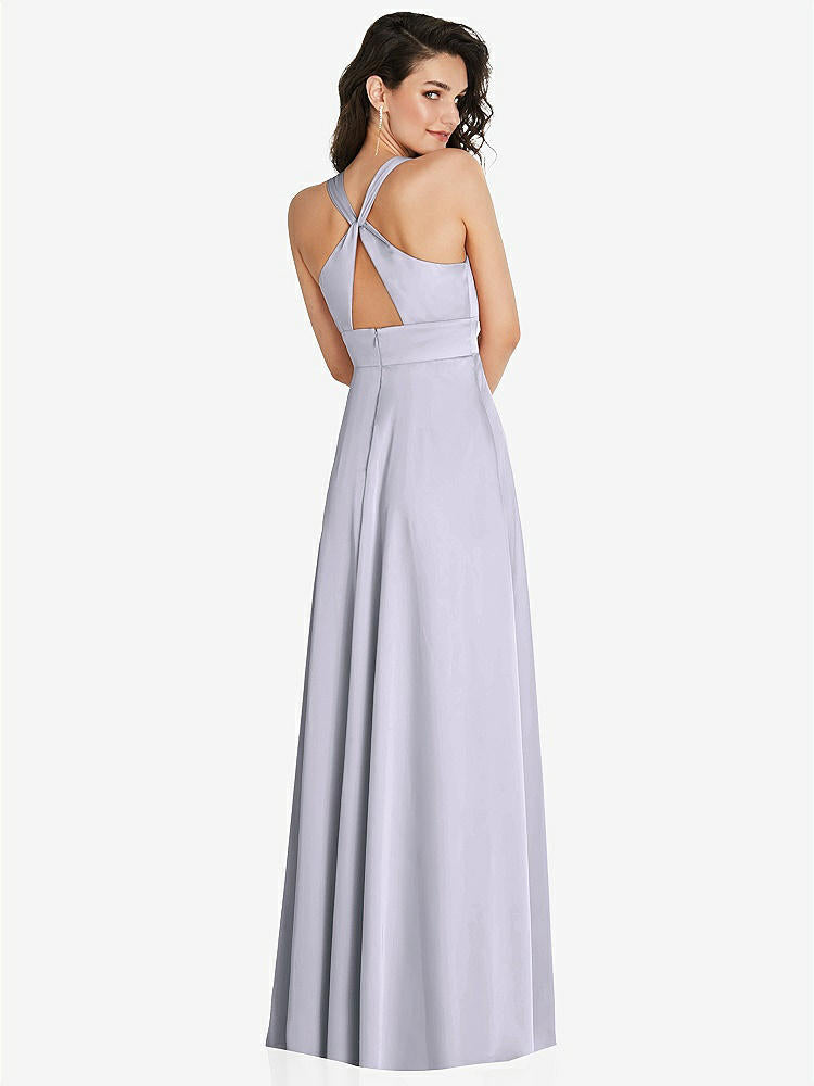 【NEW】【STYLE: 6863】Shirred 肩 Criss Cross Back Maxi ドレス 前面 スリット【COLOR: Silver Dove】【SIZE: 00-30W】