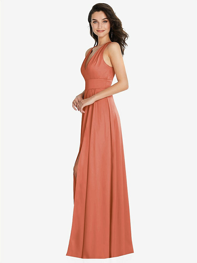 【STYLE: 6863】Shirred Shoulder Criss Cross Back Maxi Dress with Front Slit【COLOR: Terracotta Copper】