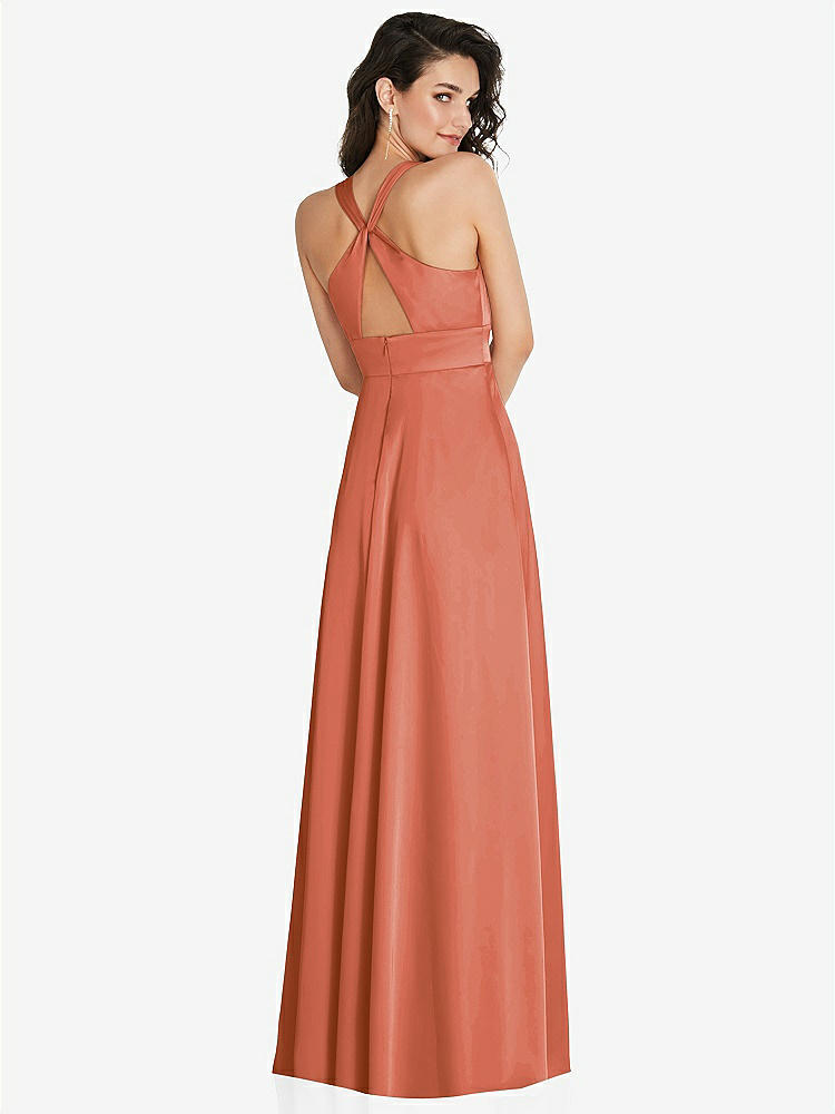 【STYLE: 6863】Shirred Shoulder Criss Cross Back Maxi Dress with Front Slit【COLOR: Terracotta Copper】