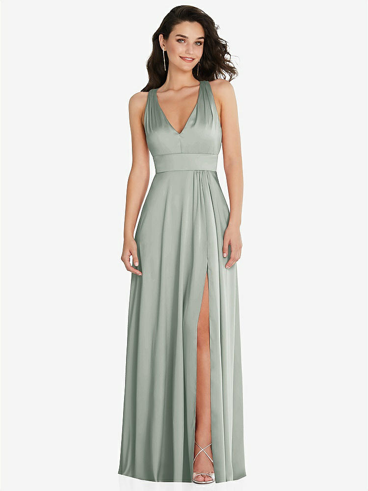 【STYLE: 6863】Shirred Shoulder Criss Cross Back Maxi Dress with Front Slit【COLOR: Willow Green】