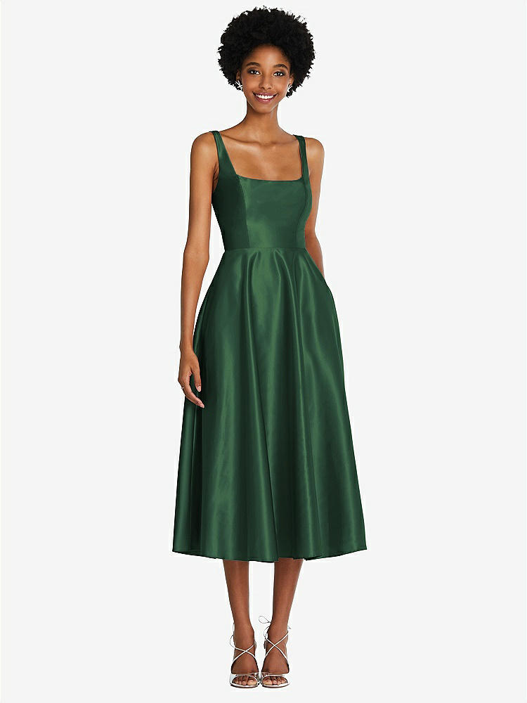 【STYLE: TH092】Square Neck Full Skirt Satin Midi Dress with Pockets【COLOR: Hampton Green】