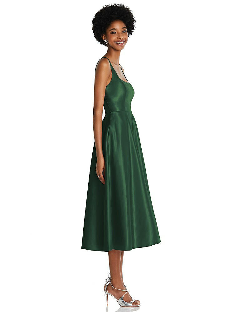 【STYLE: TH092】Square Neck Full Skirt Satin Midi Dress with Pockets【COLOR: Hampton Green】