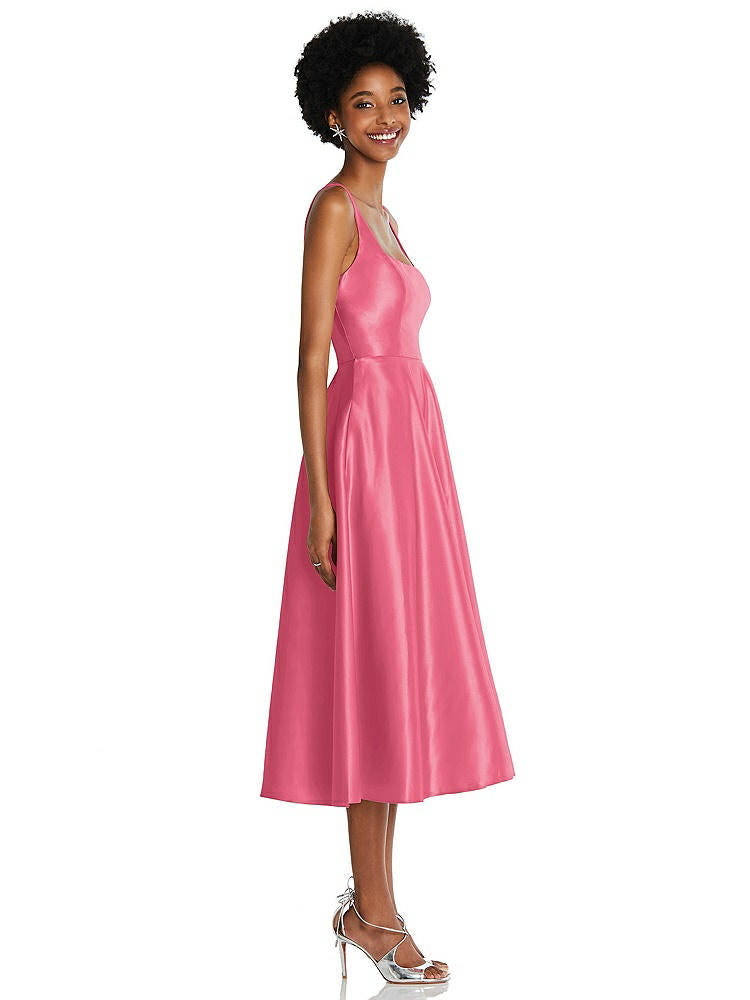 【STYLE: TH092】Square Neck Full Skirt Satin Midi Dress with Pockets【COLOR: Punch】