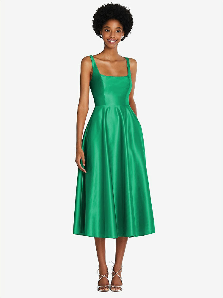【STYLE: TH092】Square Neck Full Skirt Satin Midi Dress with Pockets【COLOR: Pantone Emerald】