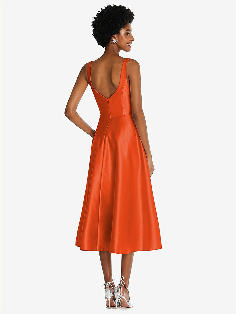 【STYLE: TH092】Square Neck Full Skirt Satin Midi Dress with Pockets【COLOR: Tangerine Tango】