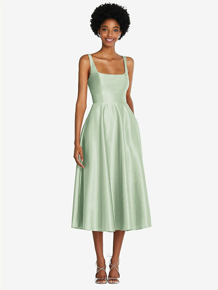 【STYLE: TH092】Square Neck Full Skirt Satin Midi Dress with Pockets【COLOR: Celadon】