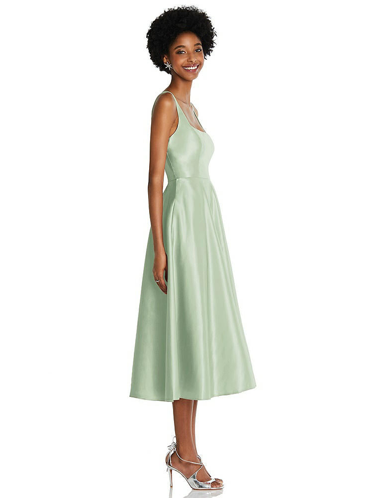 【STYLE: TH092】Square Neck Full Skirt Satin Midi Dress with Pockets【COLOR: Celadon】