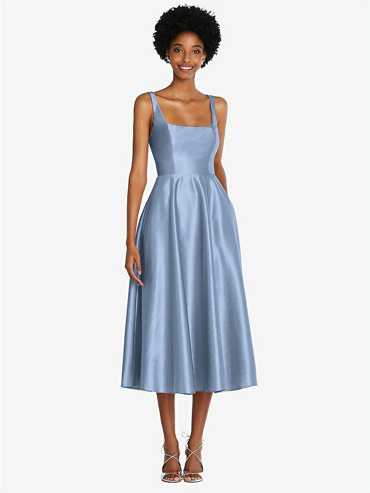 【STYLE: TH092】Square Neck Full Skirt Satin Midi Dress with Pockets【COLOR: Cloudy】