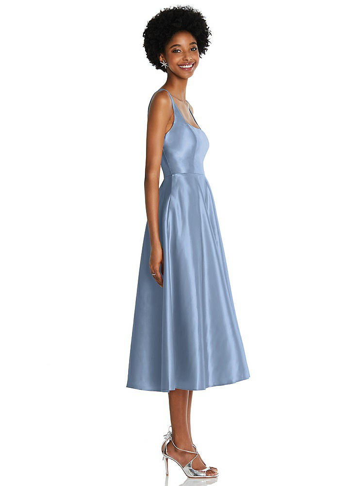 【STYLE: TH092】Square Neck Full Skirt Satin Midi Dress with Pockets【COLOR: Cloudy】
