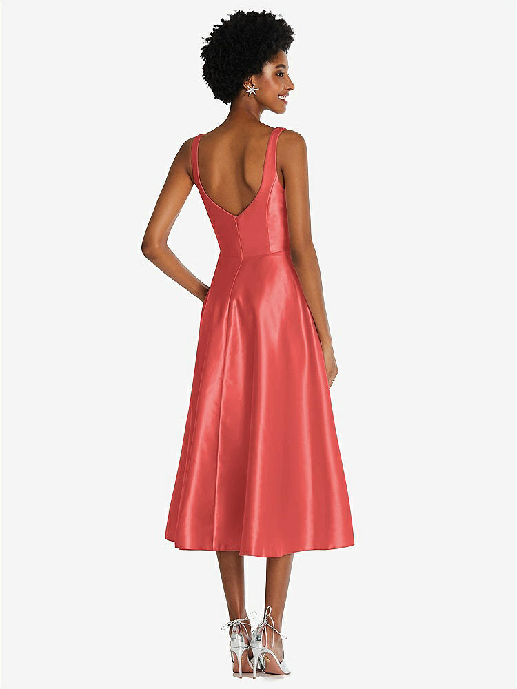 【STYLE: TH092】Square Neck Full Skirt Satin Midi Dress with Pockets【COLOR: Perfect Coral】